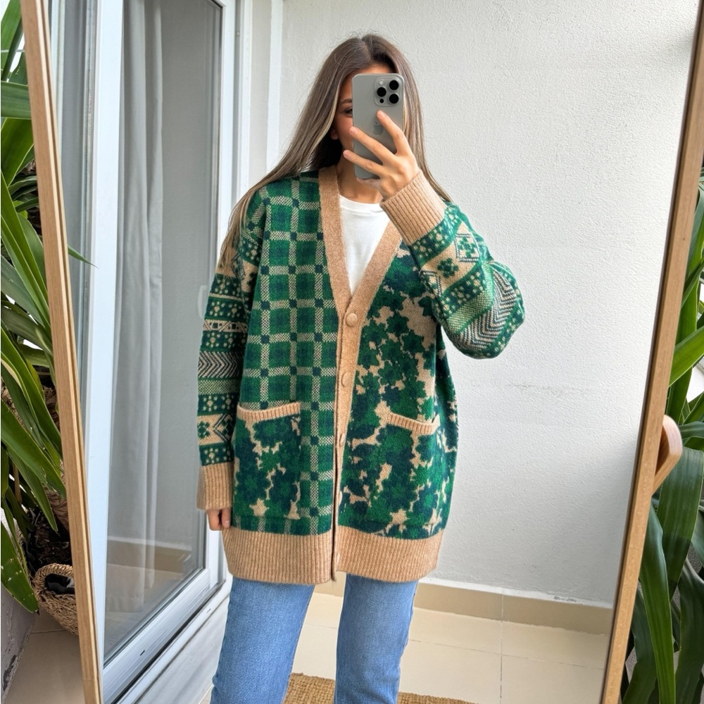 Zara Women's Courtyard Garden Green Patchwork Oversized Cardigan Sweater size S